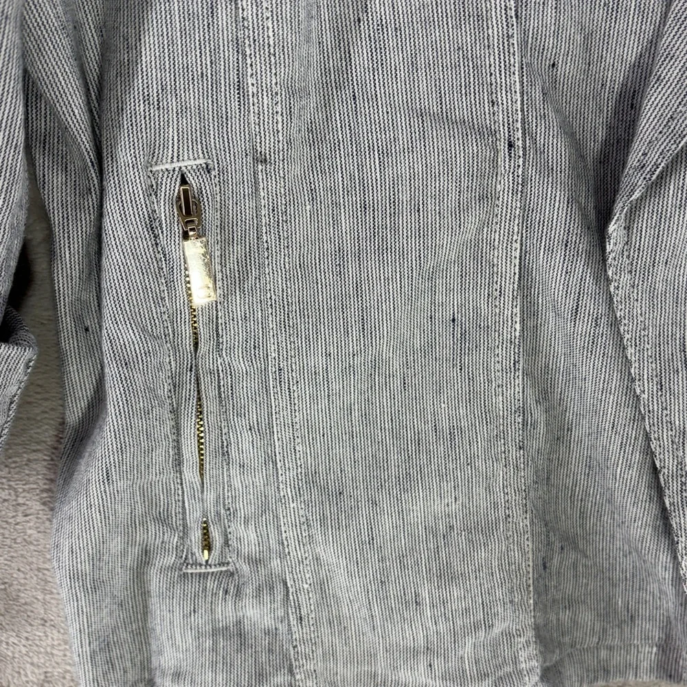 Chico's Blue & White Micro Pinstripe Linen Blend Open Jacket Size L Chico's 2 - Picture 4 of 9